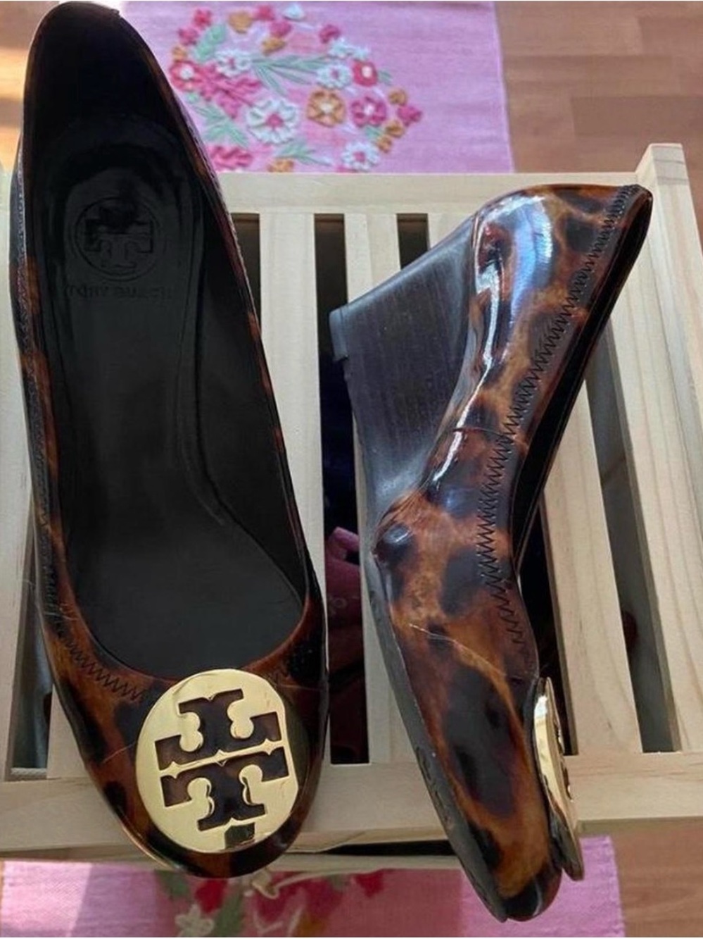 Tory Burch Tortoiseshell Patent Wedges with Gold Logo
